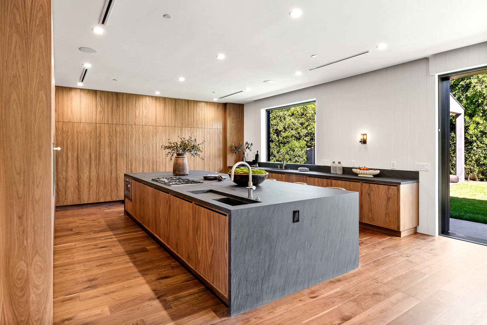 Large wood and stone kitchen island in the San Fernando Valley